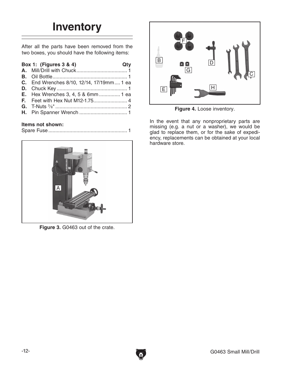 Inventory | Grizzly G0463 User Manual | Page 14 / 40