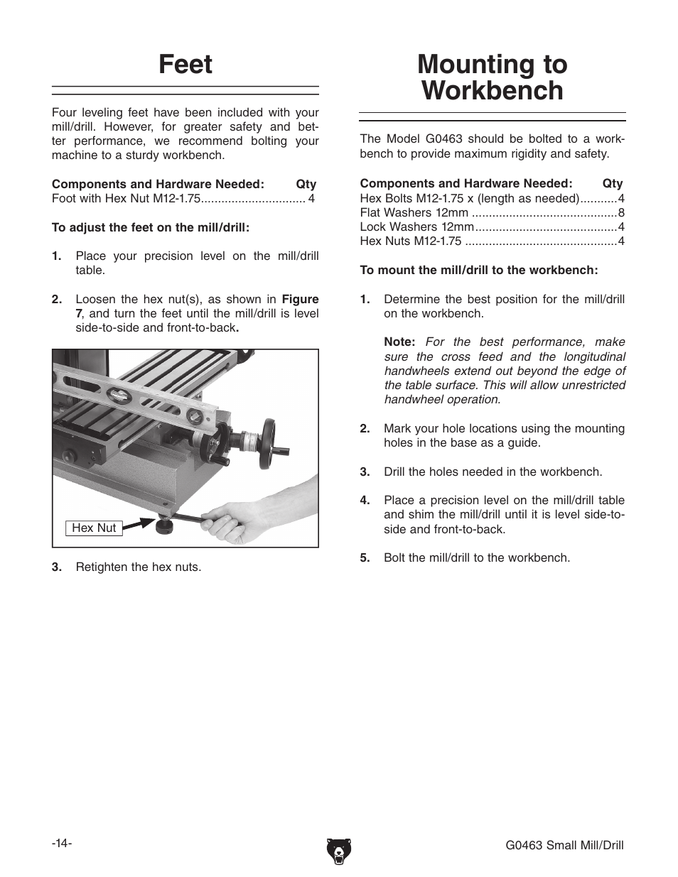 Mounting to workbench, Feet | Grizzly G0463 User Manual | Page 16 / 40