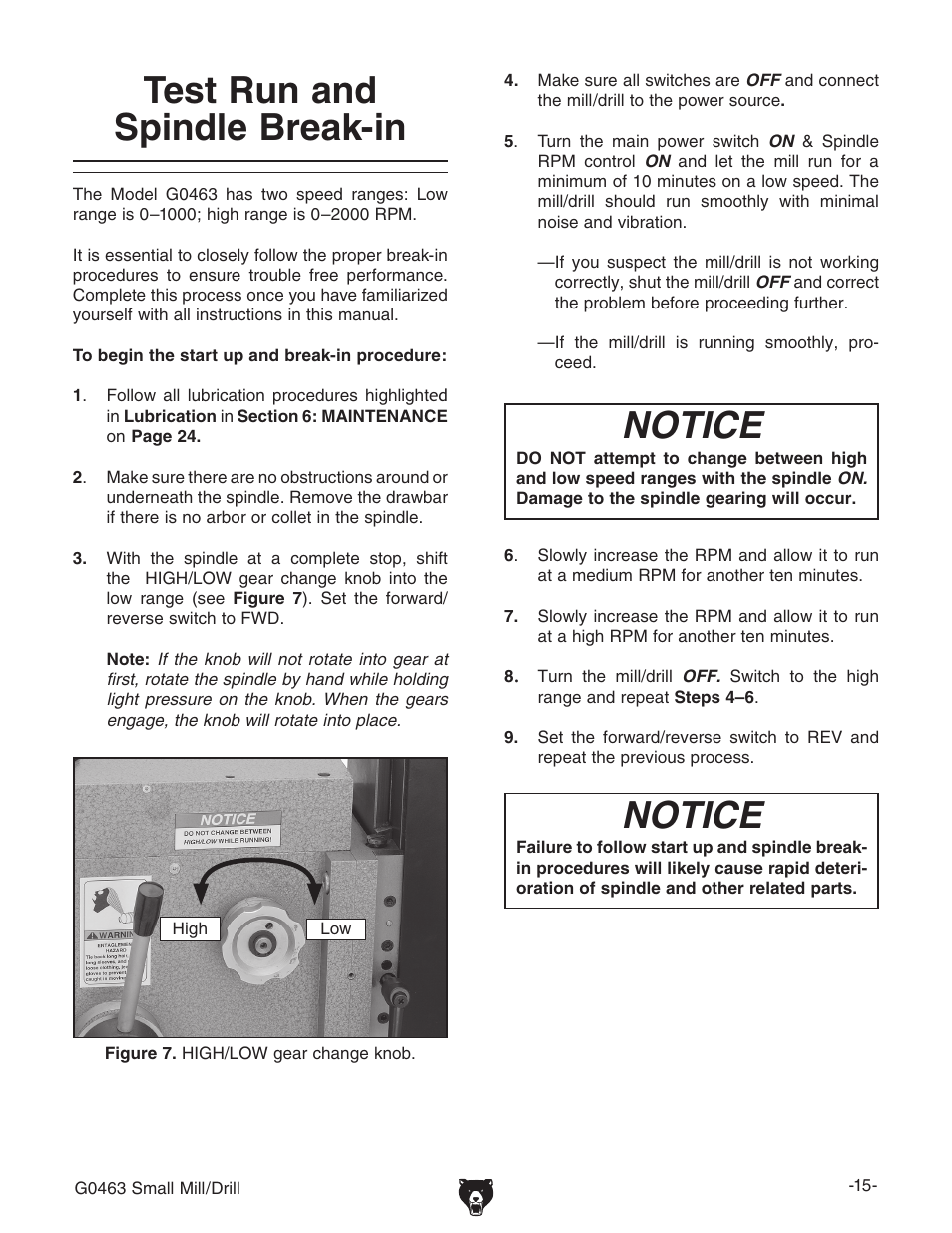 Test run and spindle break-in, Notice | Grizzly G0463 User Manual | Page 17 / 40