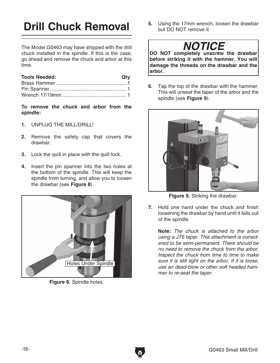 Drill chuck removal, Notice | Grizzly G0463 User Manual | Page 18 / 40