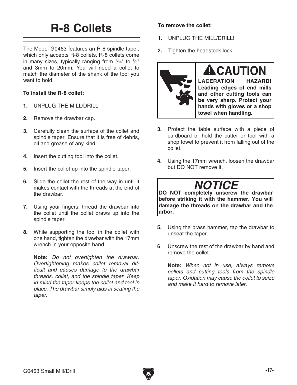 R-8 collets, Notice | Grizzly G0463 User Manual | Page 19 / 40