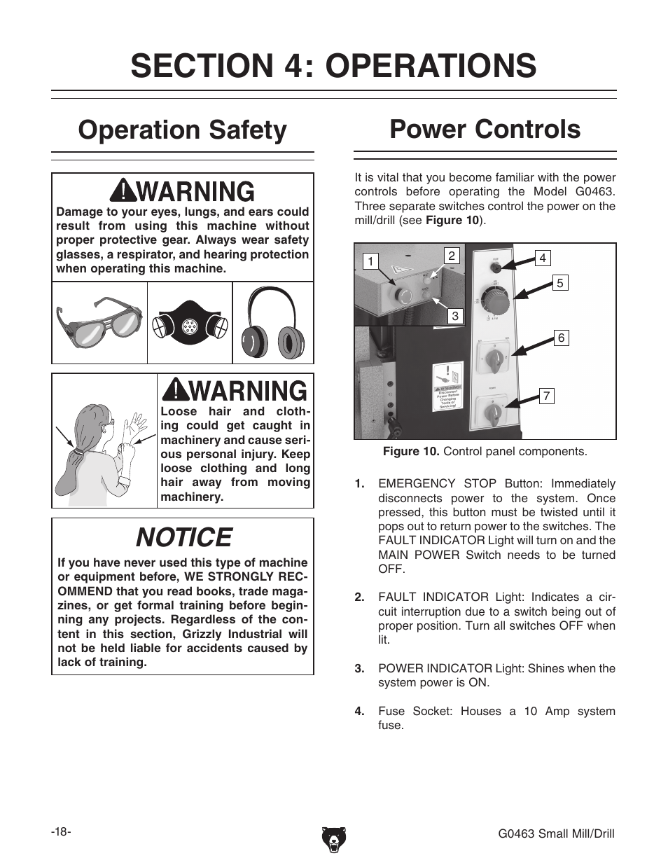 Operation safety, Notice, Power controls | Grizzly G0463 User Manual | Page 20 / 40