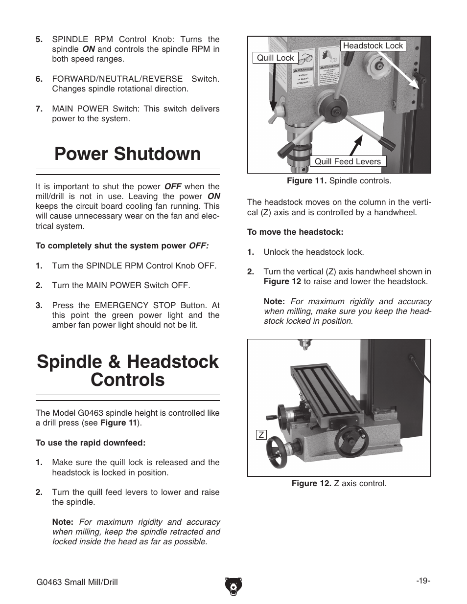 Power shutdown, Spindle & headstock controls | Grizzly G0463 User Manual | Page 21 / 40