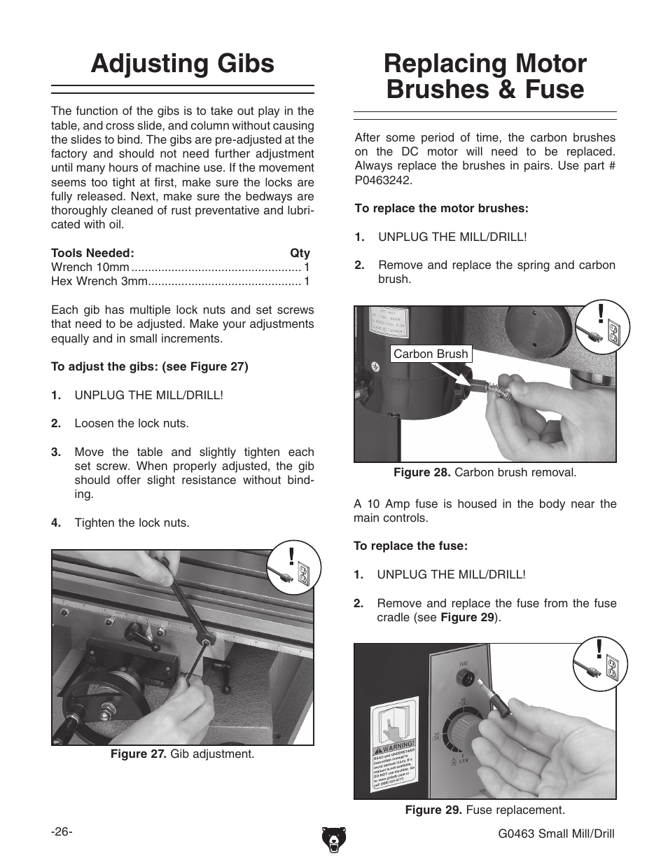 Adjusting gibs, Replacing motor brushes & fuse | Grizzly G0463 User Manual | Page 28 / 40