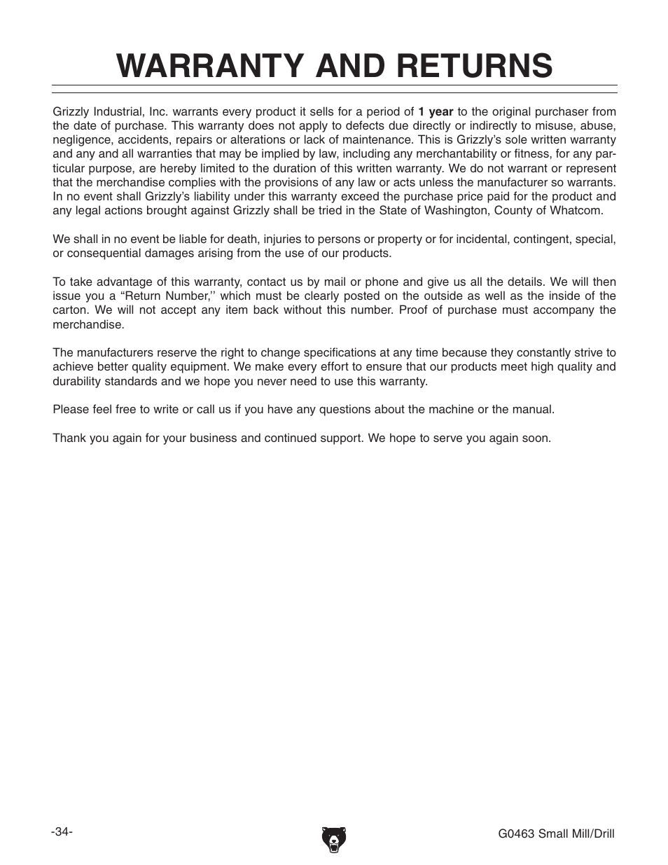 Warranty and returns | Grizzly G0463 User Manual | Page 36 / 40