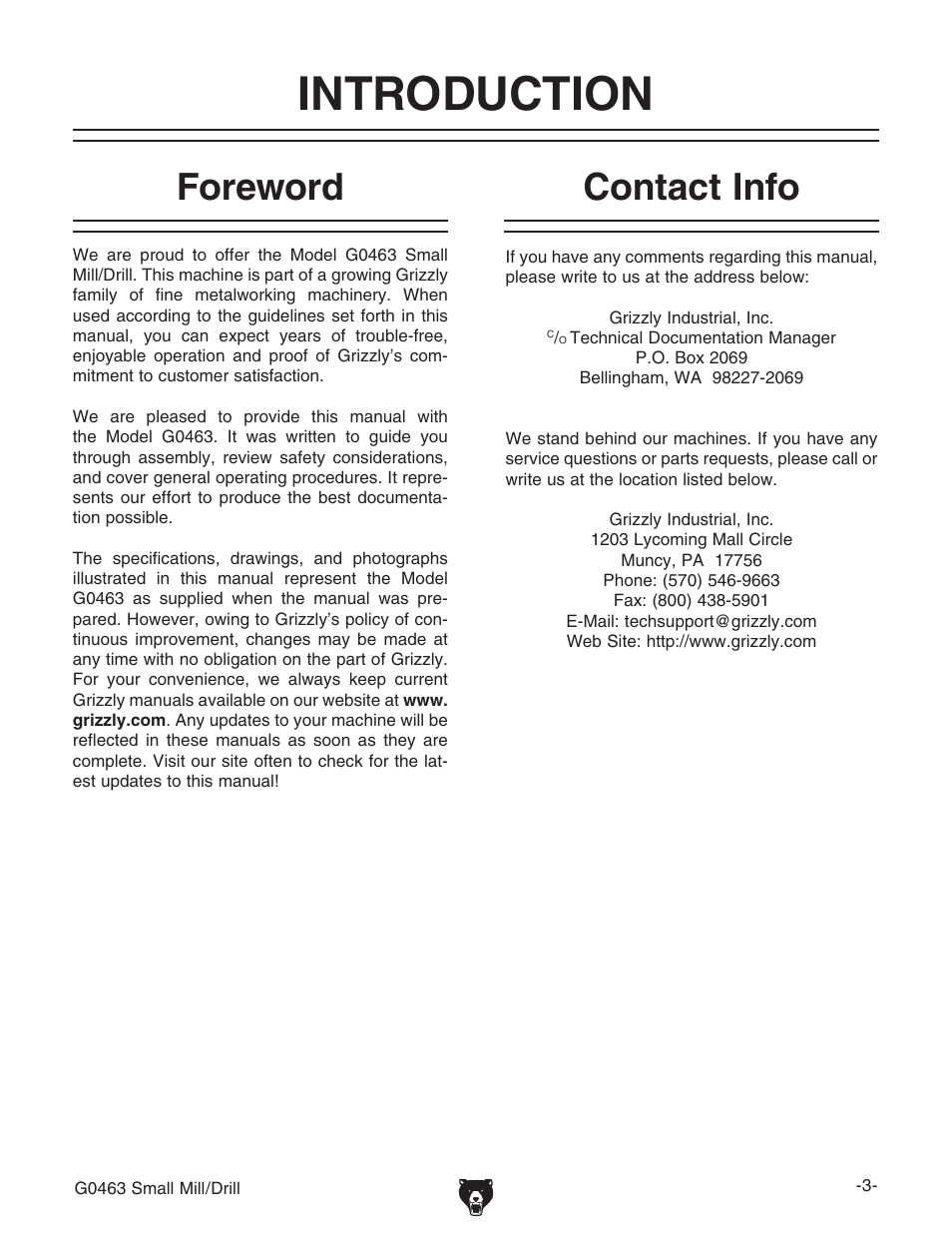 Introduction, Foreword, Contact info | Grizzly G0463 User Manual | Page 5 / 40