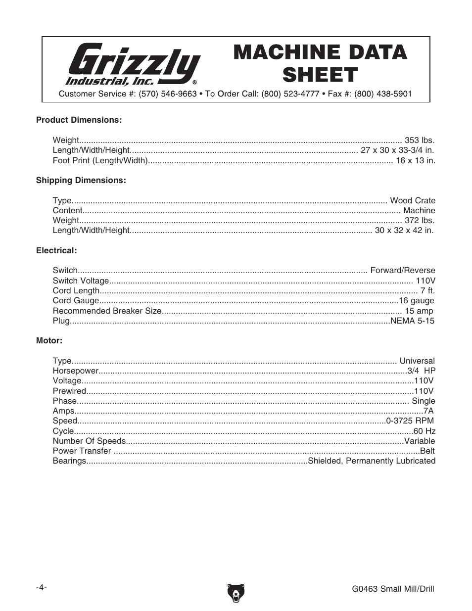 Grizzly G0463 User Manual | Page 6 / 40