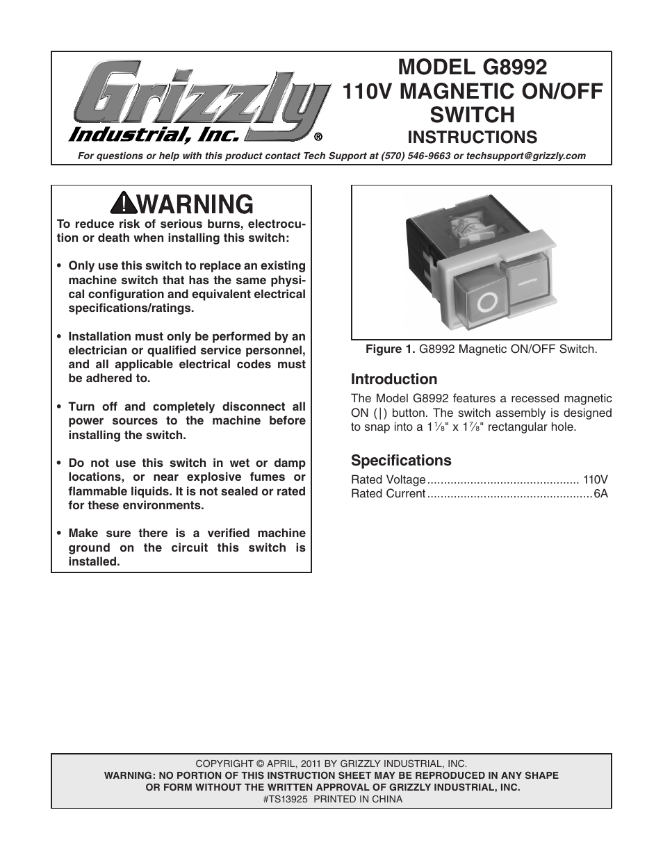 Grizzly Magnetic On/Off G8992 User Manual | 2 pages