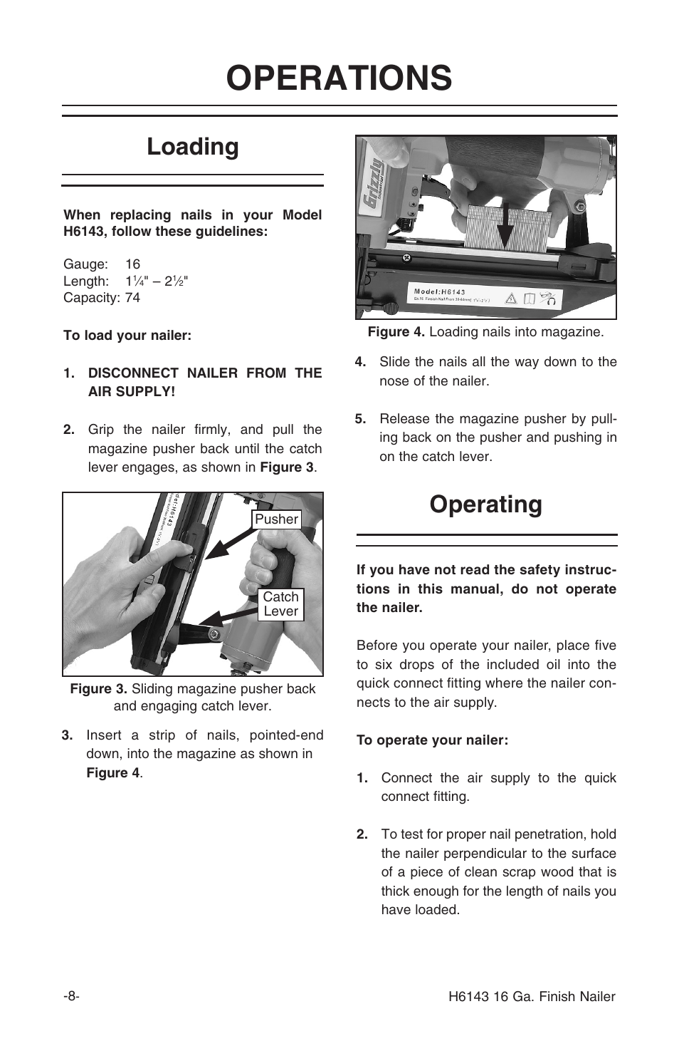 Operations, Loading, Operating | Grizzly H6143 User Manual | Page 10 / 20