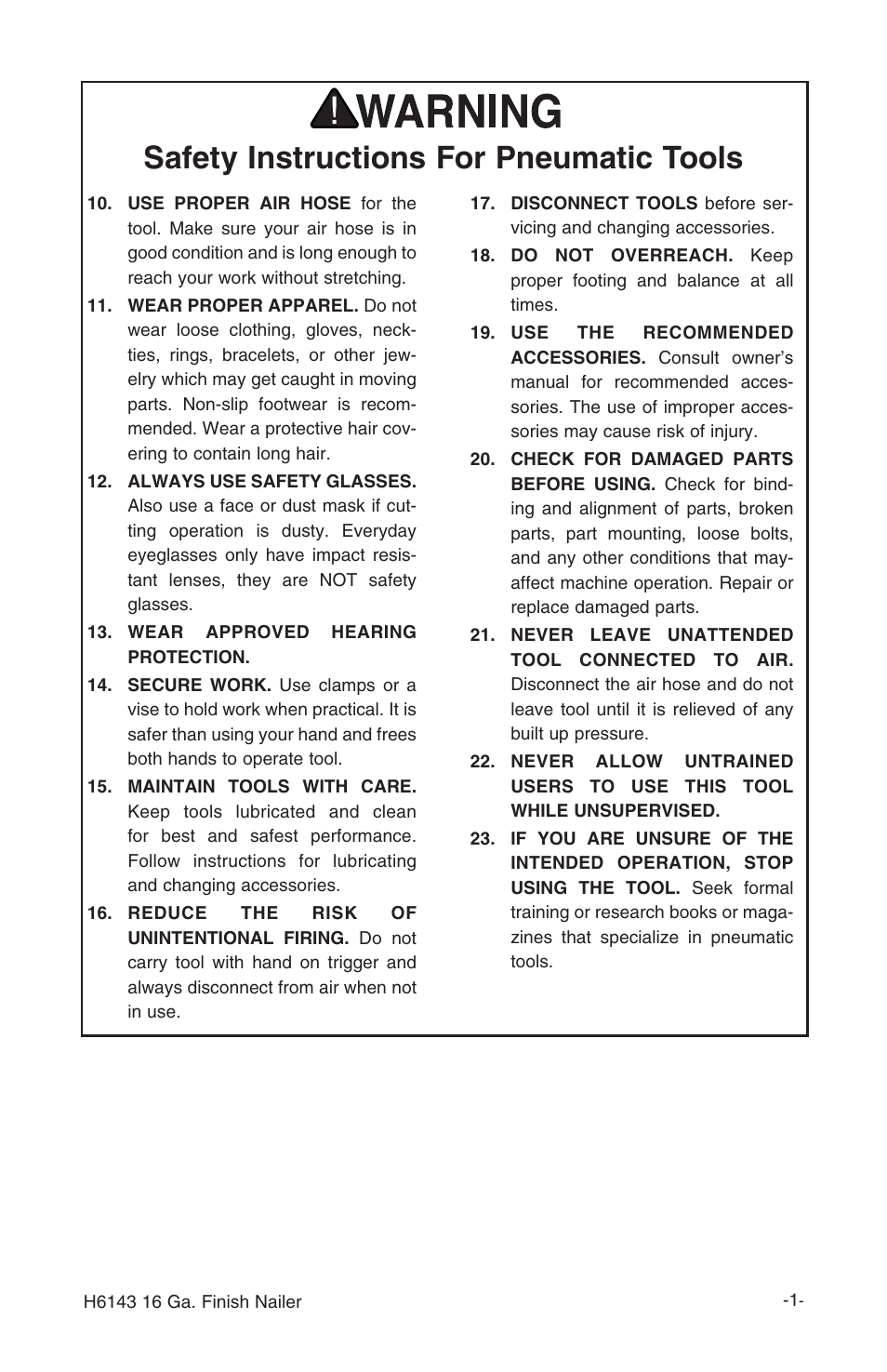 Safety instructions for pneumatic tools | Grizzly H6143 User Manual | Page 3 / 20