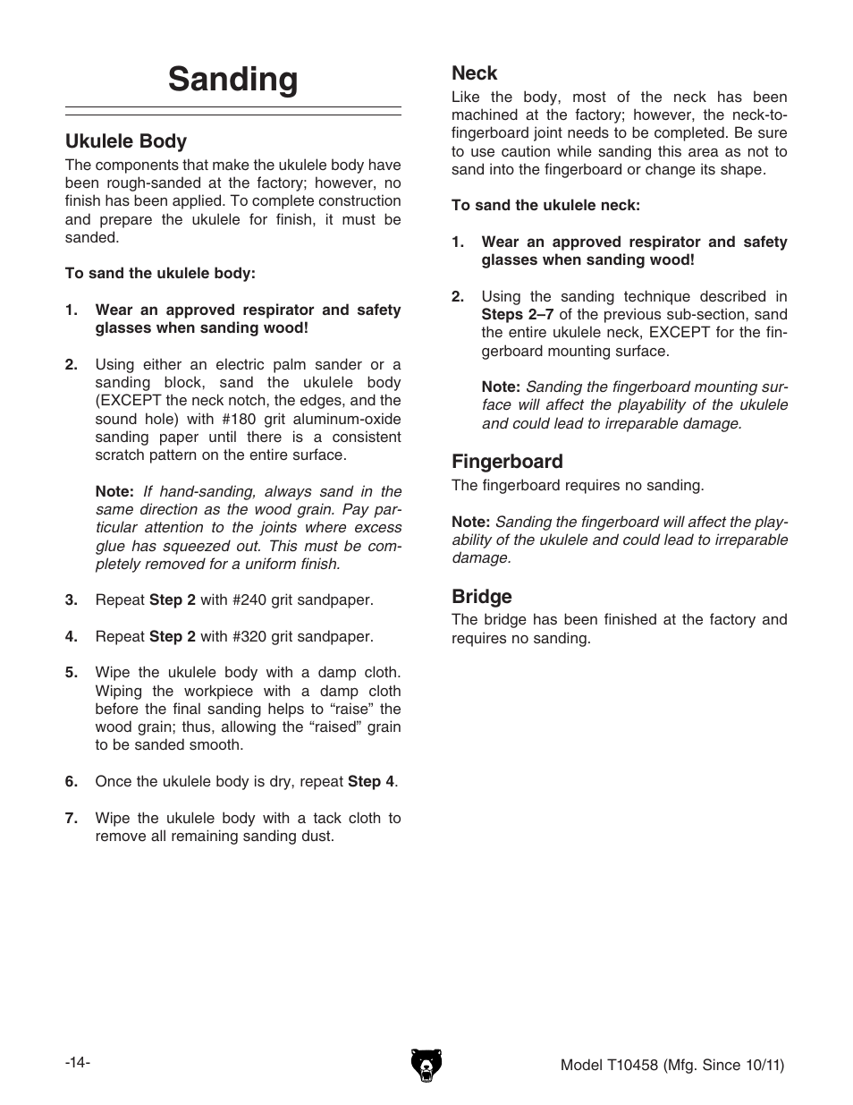 Sanding | Grizzly SOPRANO UKULELE KIT T10458 User Manual | Page 16 / 24