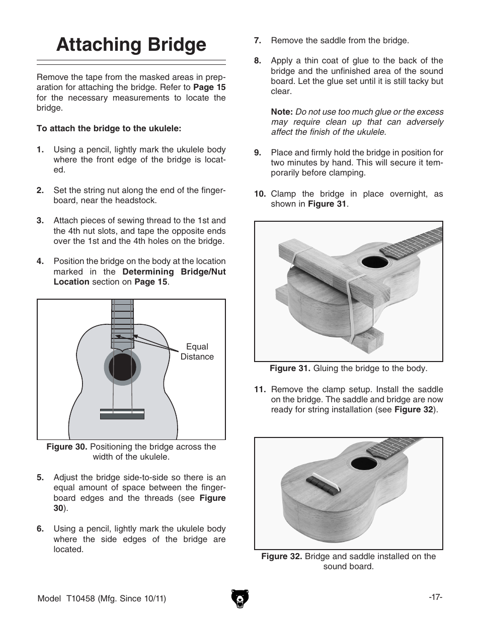 Attaching bridge | Grizzly SOPRANO UKULELE KIT T10458 User Manual | Page 19 / 24