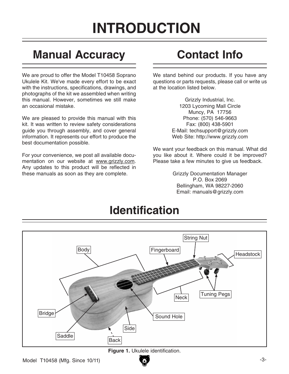 Introduction, Manual accuracy contact info identification | Grizzly SOPRANO UKULELE KIT T10458 User Manual | Page 5 / 24