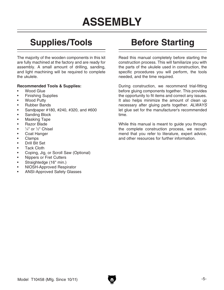 Assembly, Supplies/tools, Before starting | Grizzly SOPRANO UKULELE KIT T10458 User Manual | Page 7 / 24
