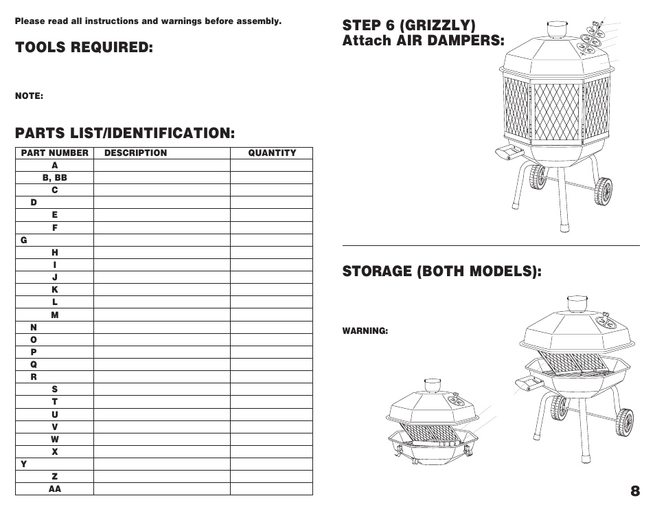 Step 6 (grizzly) attach air dampers, Storage (both models), Parts list/identification | Tools required | Grizzly GRANDMAC GMFP28S User Manual | Page 4 / 6