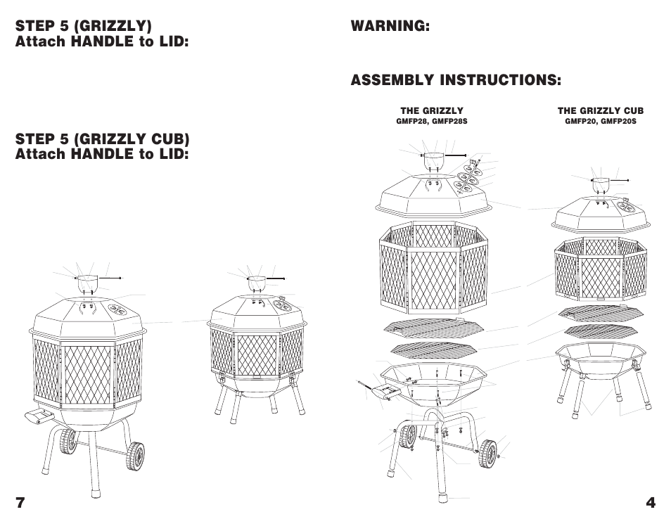 Step 5 (grizzly) attach handle to lid, Step 5 (grizzly cub) attach handle to lid, Warning | Assembly instructions | Grizzly GRANDMAC GMFP28S User Manual | Page 5 / 6