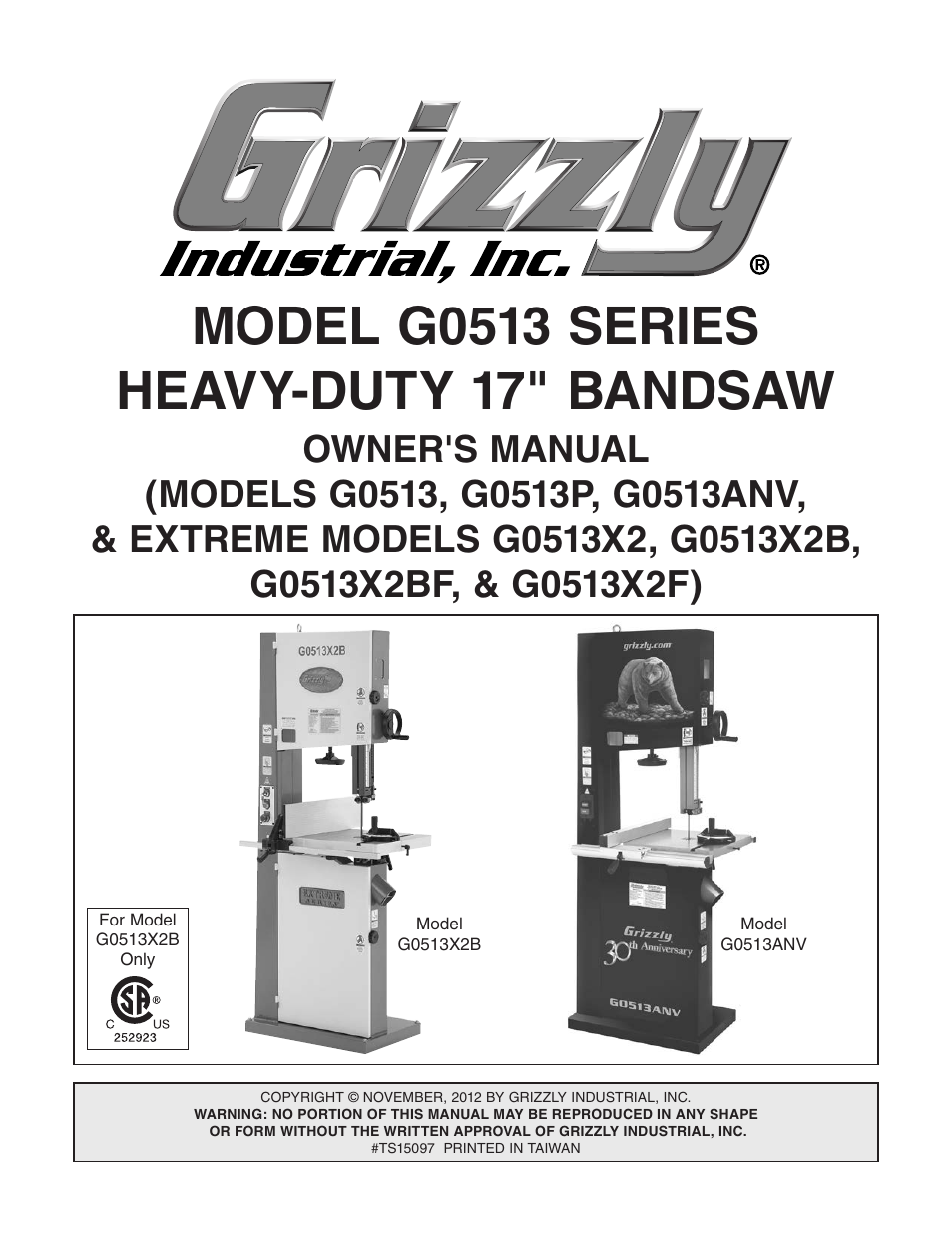 Grizzly INDUSTRIAL BANDSAW W/FOOT BRAKE G0513X2F User Manual | 108 pages