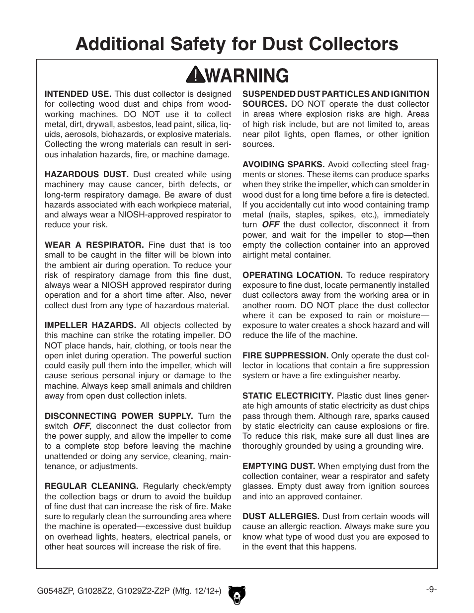 Additional safety for dust collectors | Grizzly G0548Z User Manual | Page 11 / 56