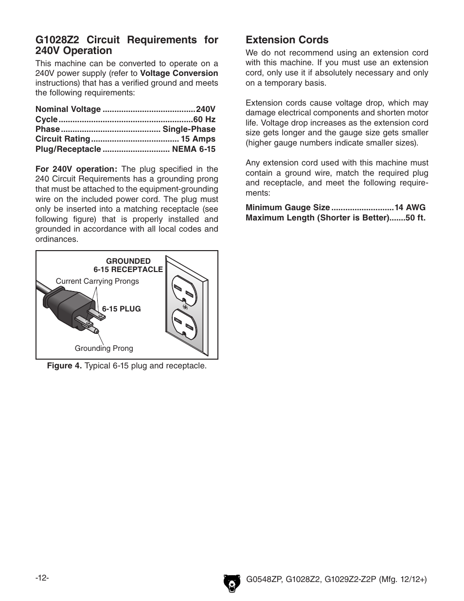 Extension cords | Grizzly G0548Z User Manual | Page 14 / 56