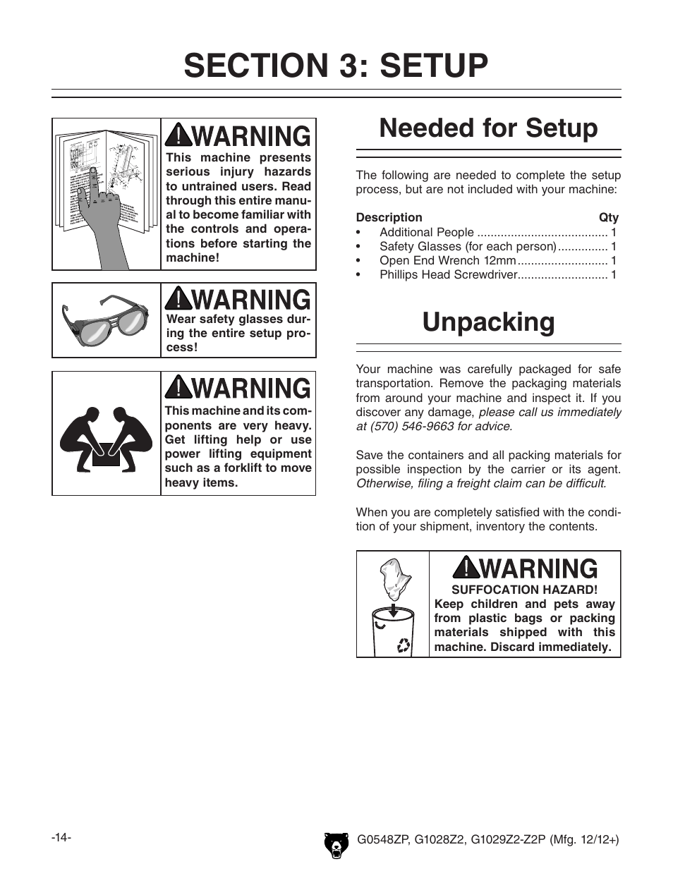 Needed for setup, Unpacking | Grizzly G0548Z User Manual | Page 16 / 56