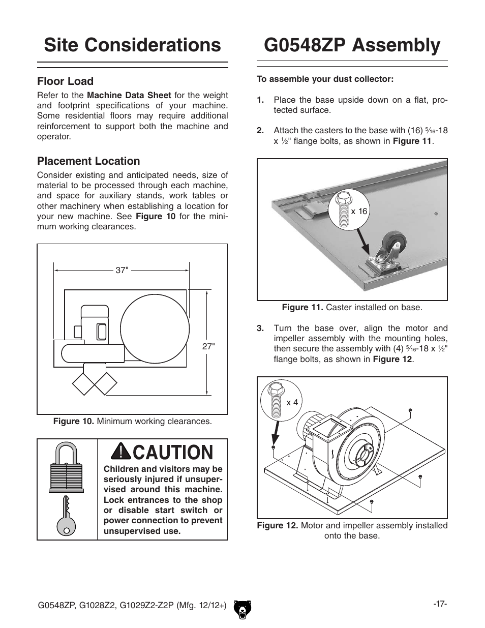 Site considerations, G0548zp assembly, Floor load | Placement location | Grizzly G0548Z User Manual | Page 19 / 56