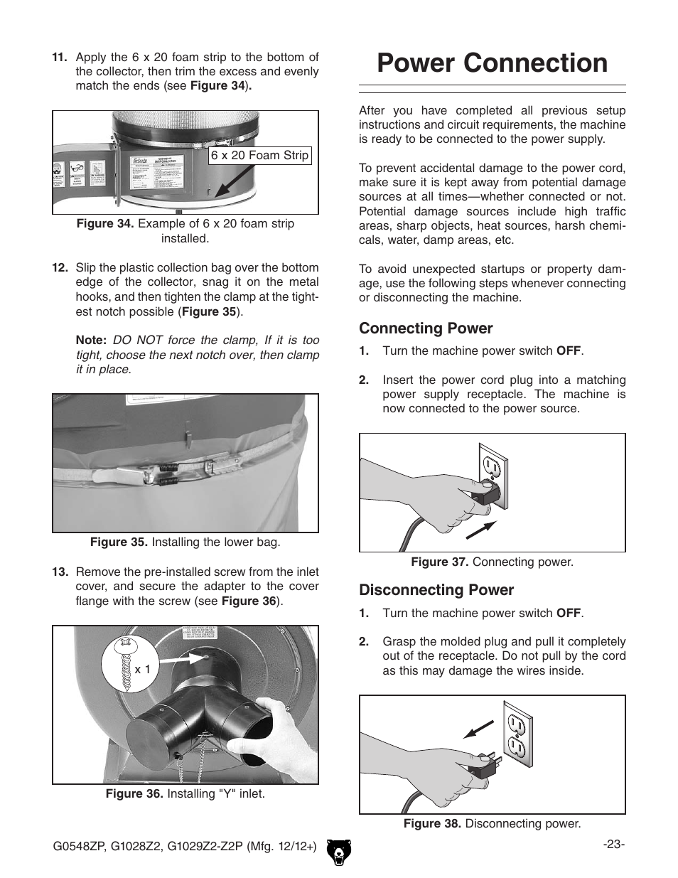 Power connection | Grizzly G0548Z User Manual | Page 25 / 56