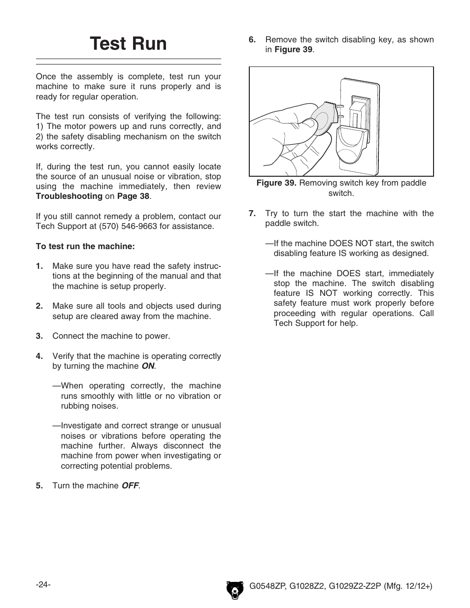 Test run | Grizzly G0548Z User Manual | Page 26 / 56