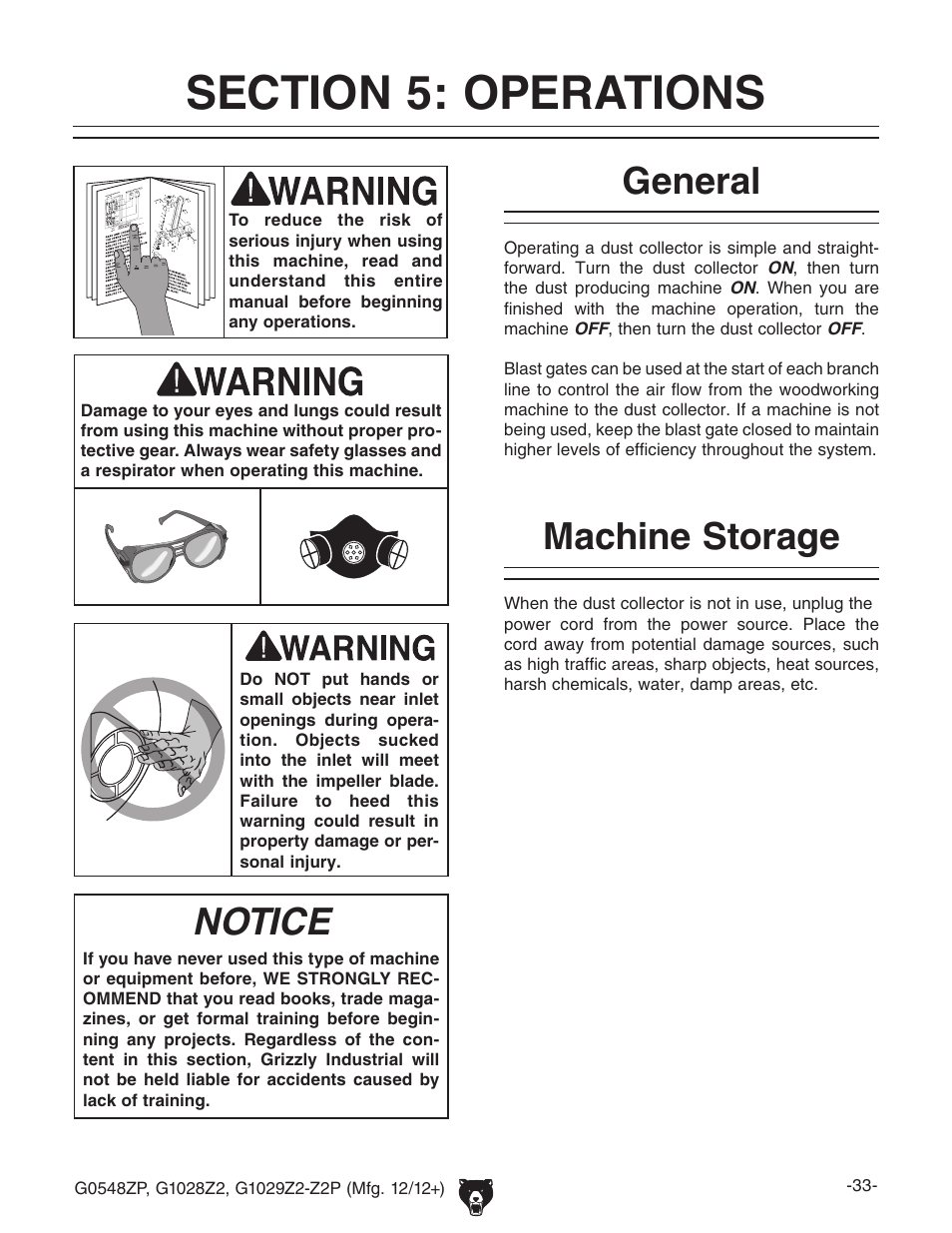 General, Machine storage, Notice | Grizzly G0548Z User Manual | Page 35 / 56