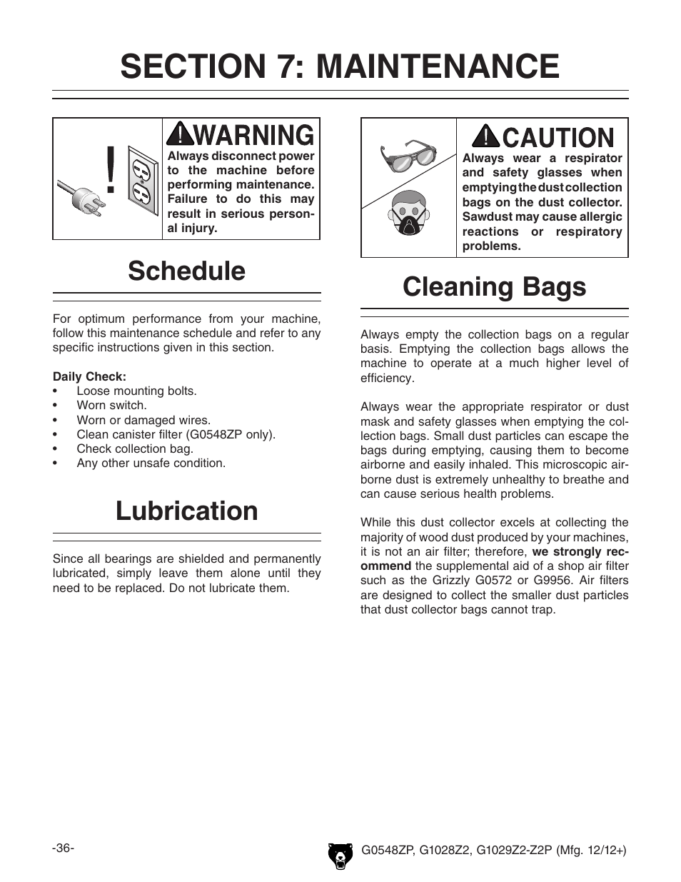 Cleaning bags, Lubrication, Schedule | Grizzly G0548Z User Manual | Page 38 / 56