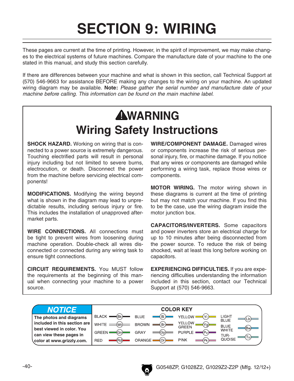 Wiring safety instructions | Grizzly G0548Z User Manual | Page 42 / 56