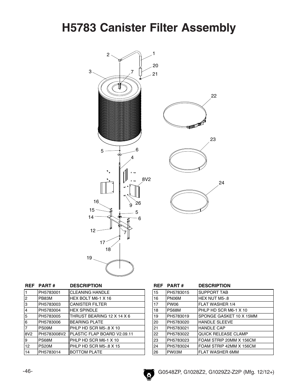 H5783 canister filter assembly | Grizzly G0548Z User Manual | Page 48 / 56