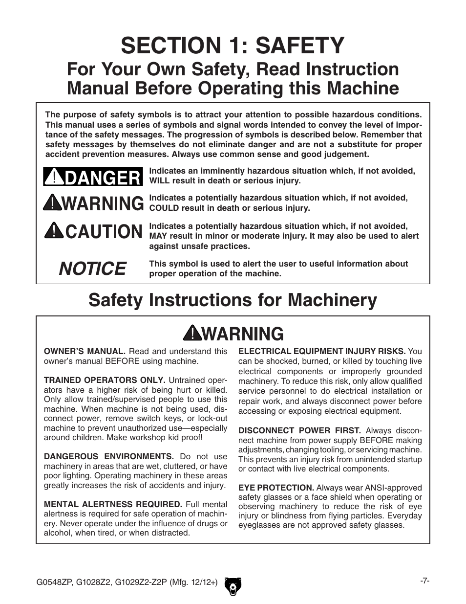 Notice safety instructions for machinery | Grizzly G0548Z User Manual | Page 9 / 56