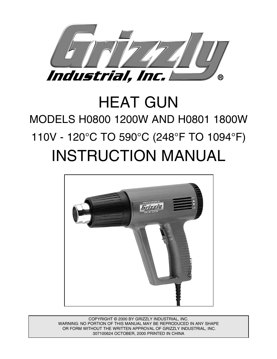 Grizzly H0801 1800W User Manual | 6 pages