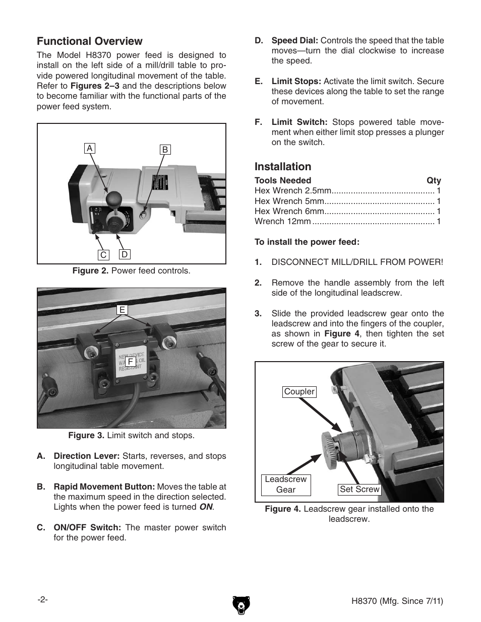 Functional overview, Installation | Grizzly POWER FEED H8370 User Manual | Page 2 / 4
