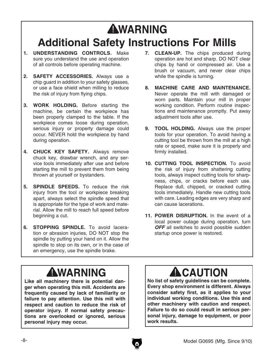 Additional safety instructions for mills | Grizzly G0695 User Manual | Page 10 / 60