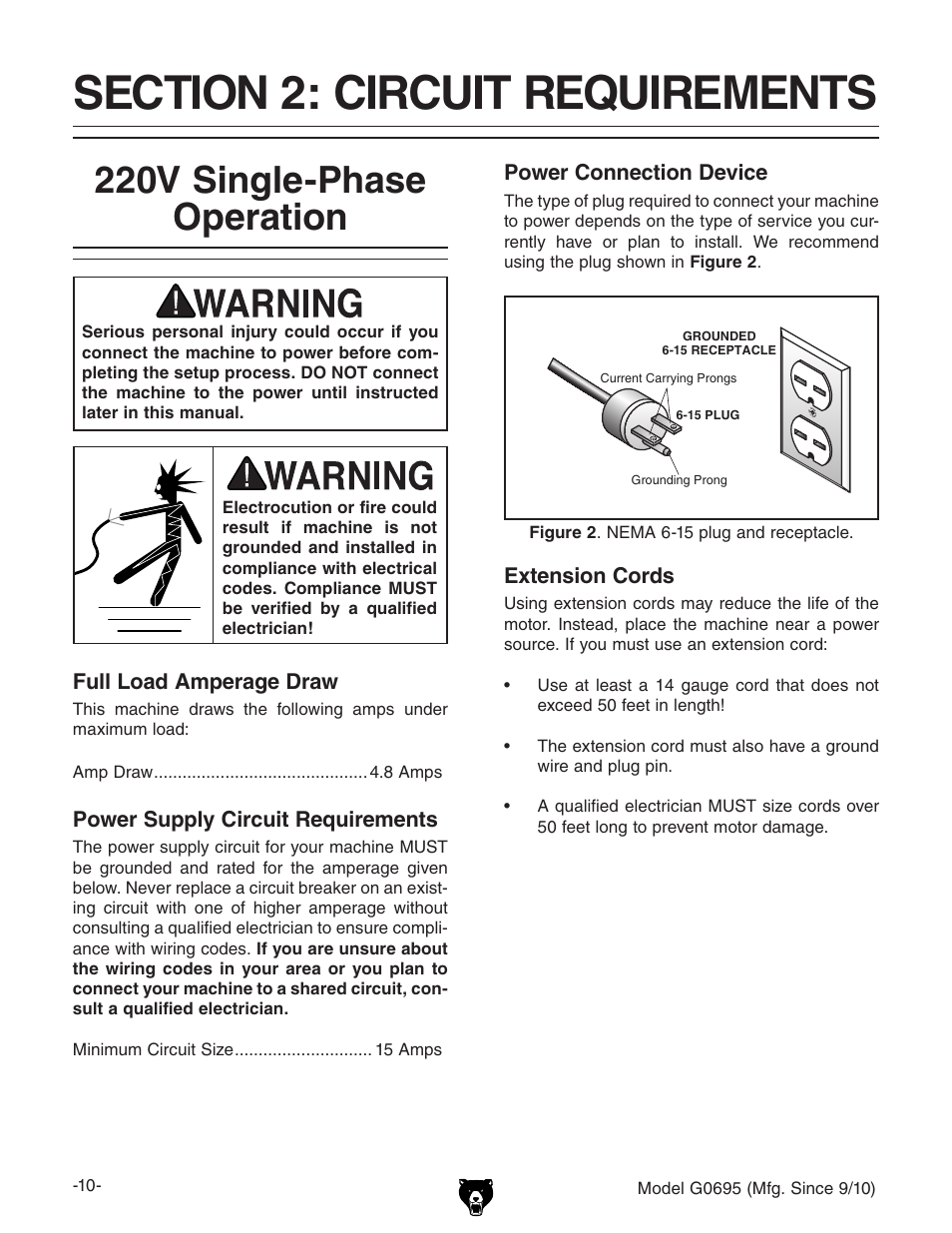 220v single-phase operation | Grizzly G0695 User Manual | Page 12 / 60