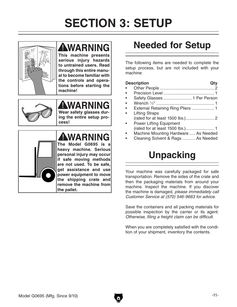 Needed for setup, Unpacking | Grizzly G0695 User Manual | Page 13 / 60