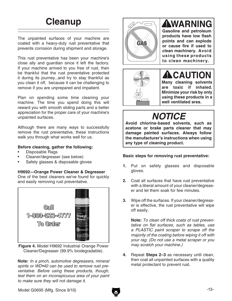 Notice, Cleanup | Grizzly G0695 User Manual | Page 15 / 60