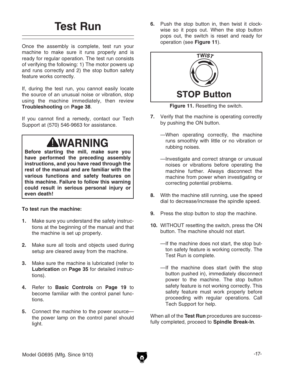 Test run | Grizzly G0695 User Manual | Page 19 / 60