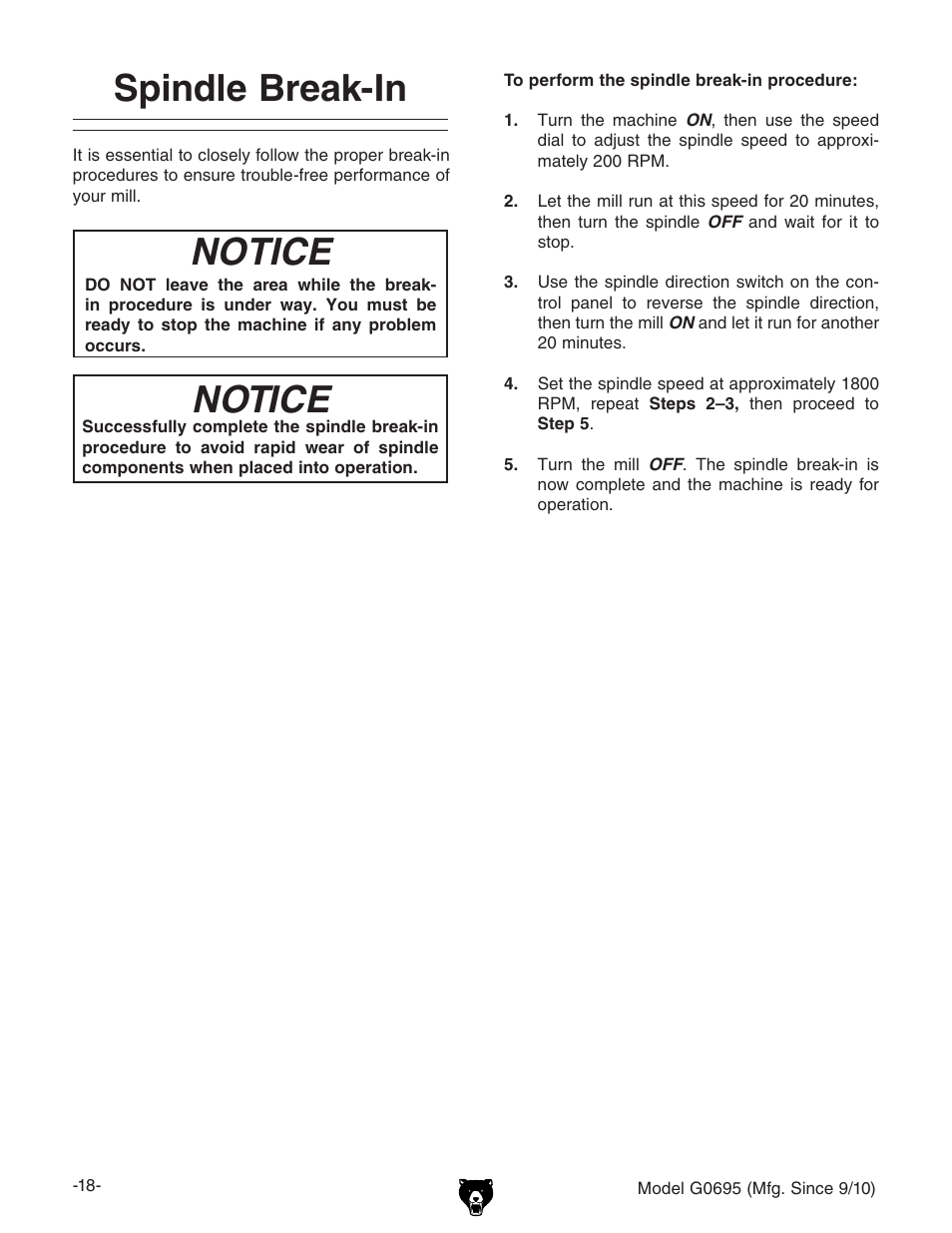 Spindle break-in notice, Notice | Grizzly G0695 User Manual | Page 20 / 60