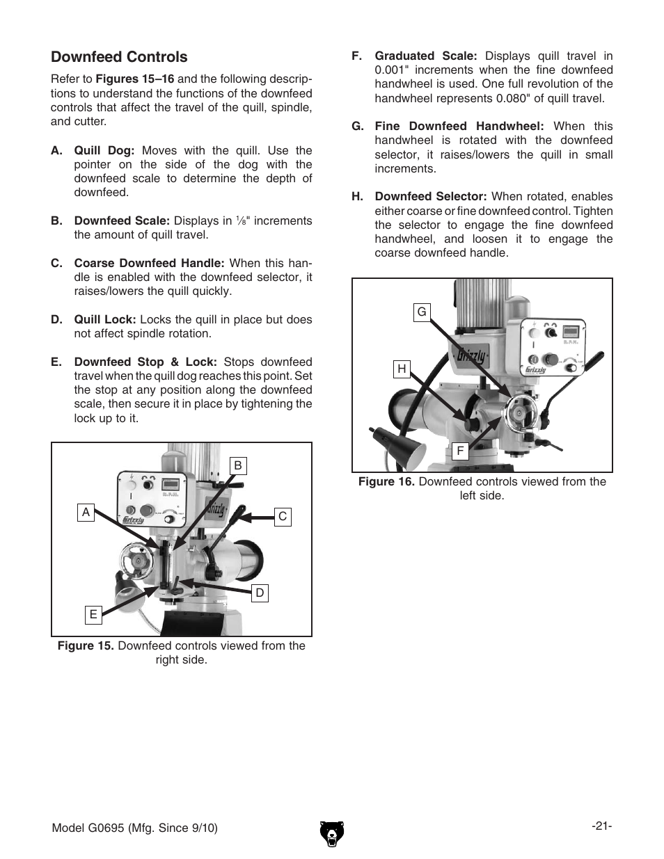 Downfeed controls | Grizzly G0695 User Manual | Page 23 / 60