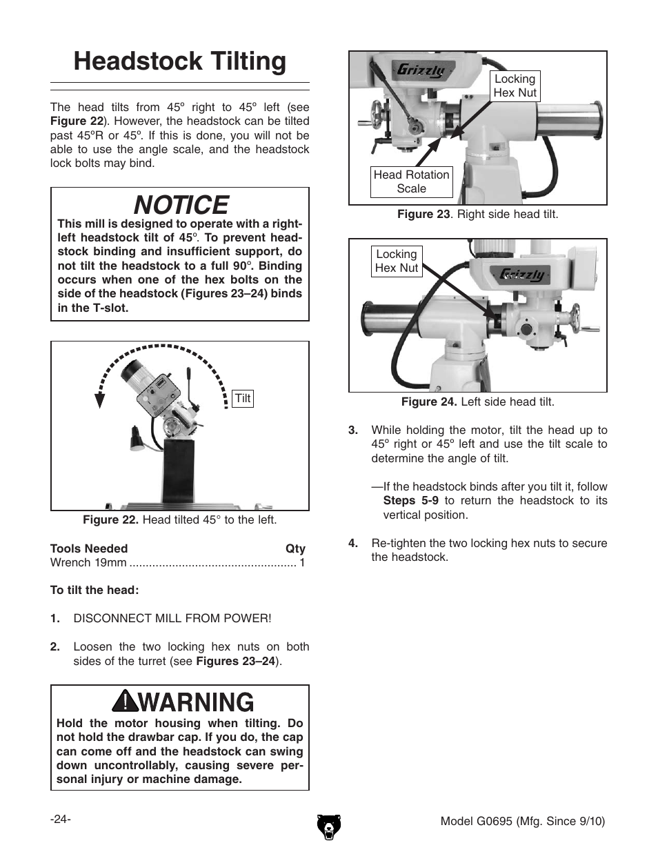 Headstock tilting, Notice | Grizzly G0695 User Manual | Page 26 / 60