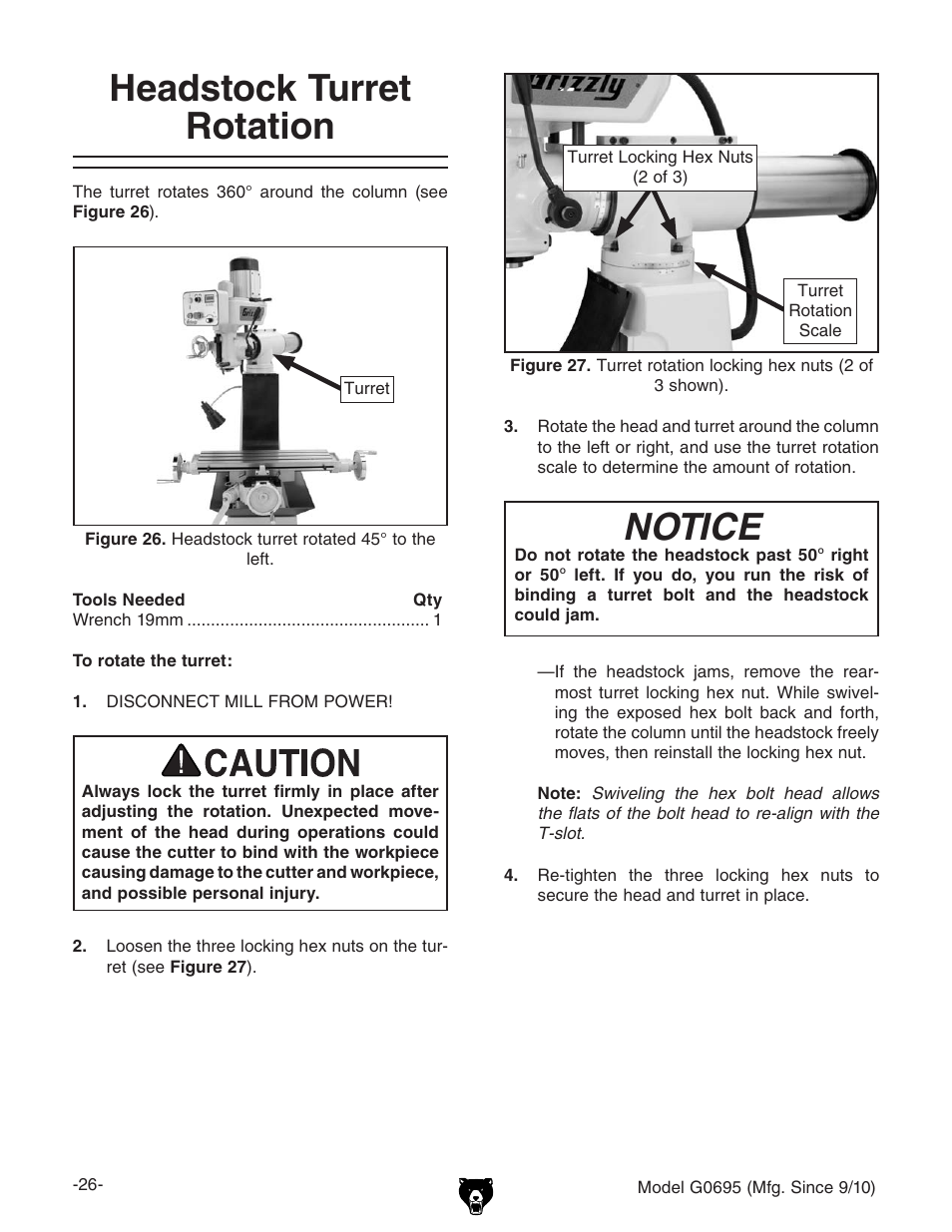 Notice, Headstock turret rotation | Grizzly G0695 User Manual | Page 28 / 60
