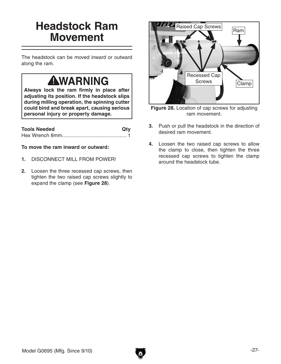 Headstock ram movement | Grizzly G0695 User Manual | Page 29 / 60