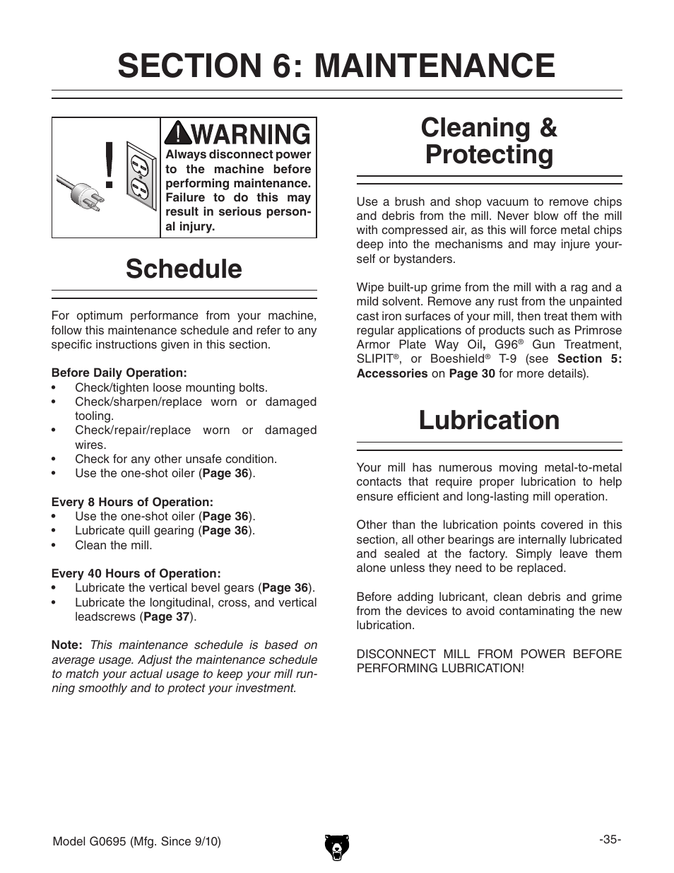 Schedule cleaning & protecting, Lubrication | Grizzly G0695 User Manual | Page 37 / 60