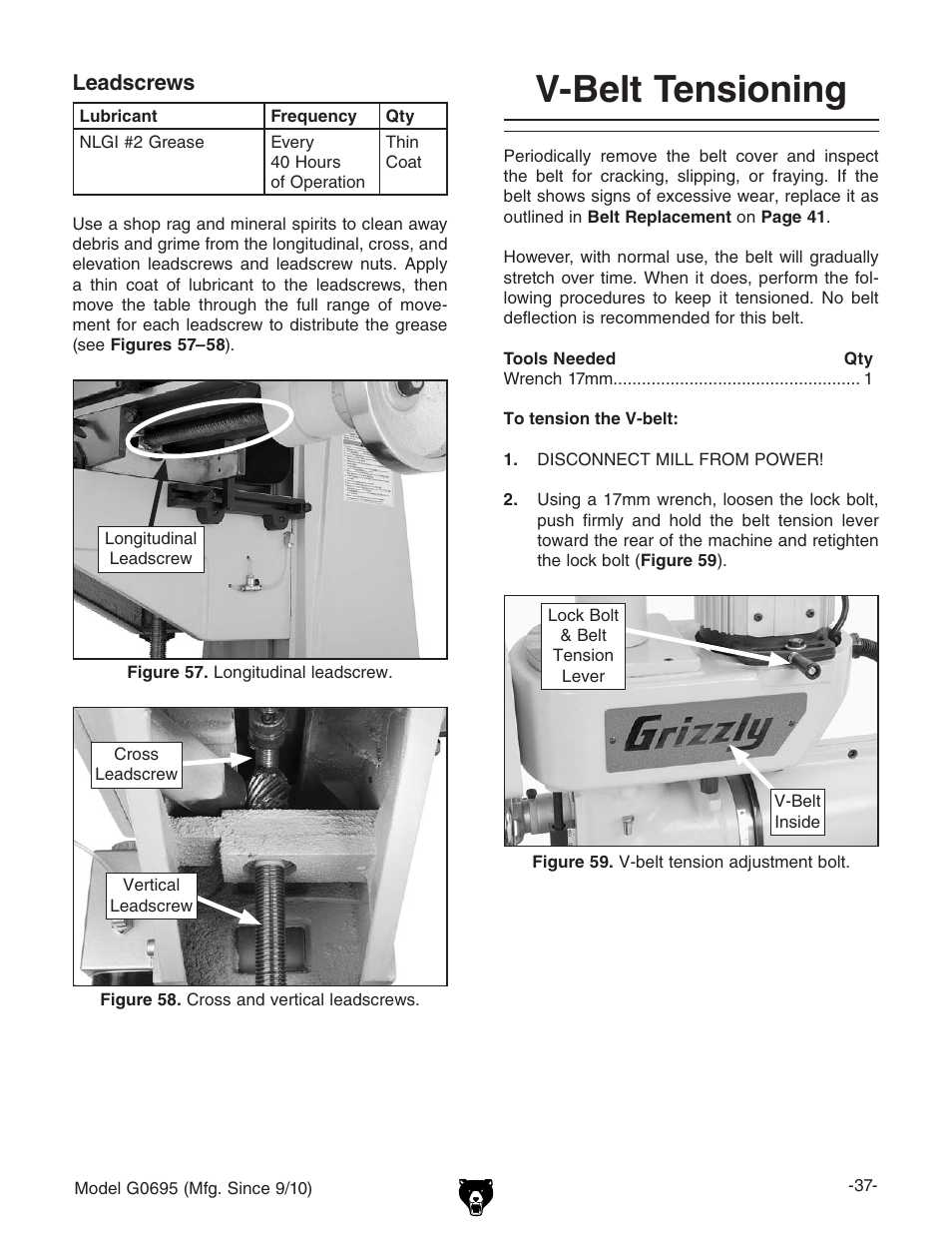 V-belt tensioning | Grizzly G0695 User Manual | Page 39 / 60