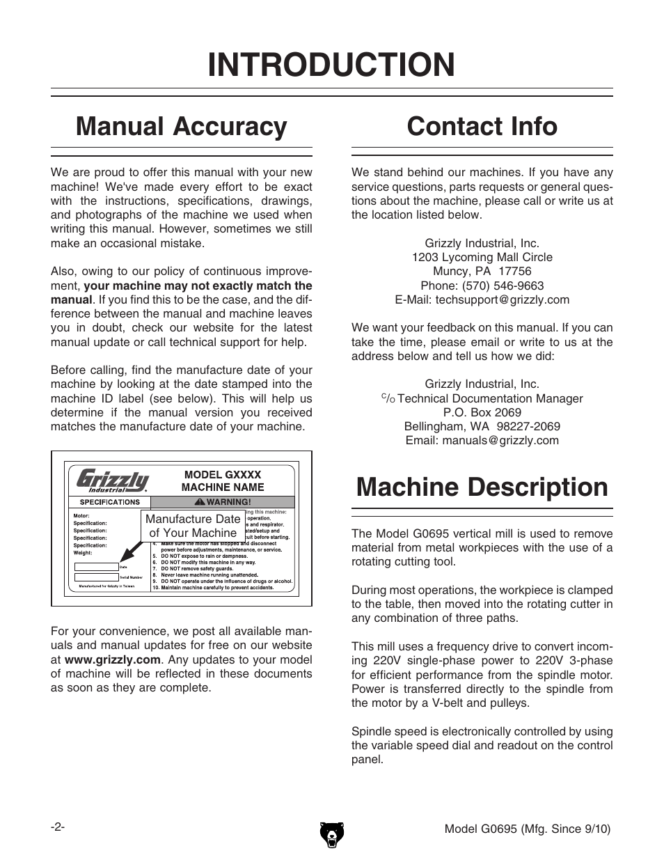 Introduction, Machine description manual accuracy, Contact info | Grizzly G0695 User Manual | Page 4 / 60