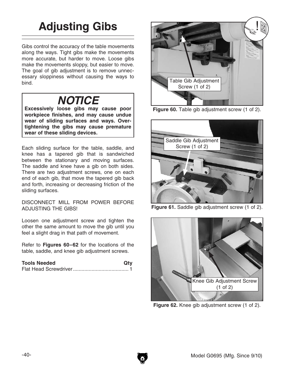 Adjusting gibs, Notice | Grizzly G0695 User Manual | Page 42 / 60