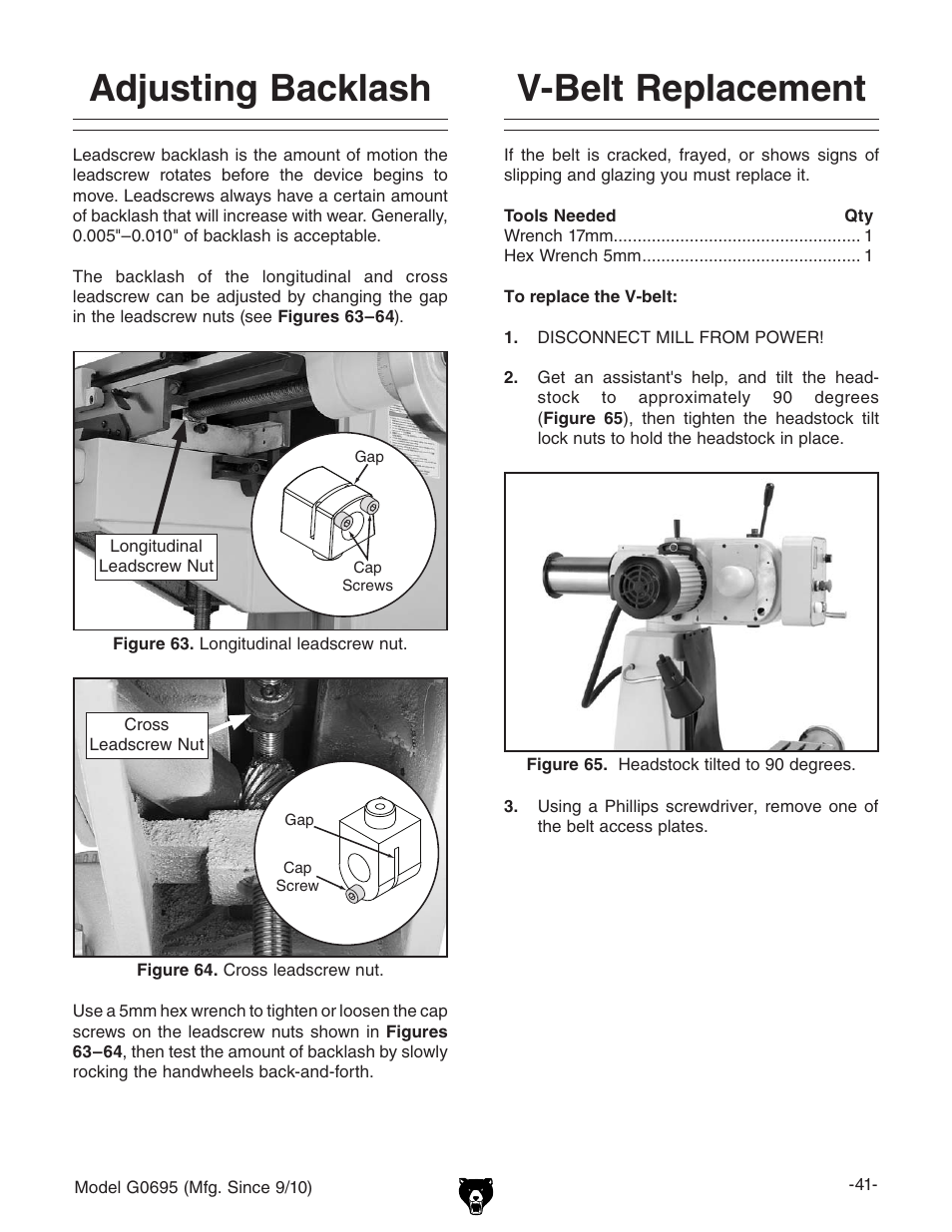 Adjusting backlash, V-belt replacement | Grizzly G0695 User Manual | Page 43 / 60