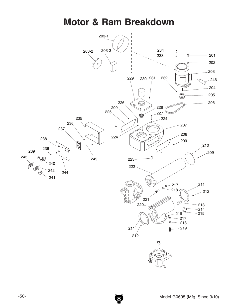 Motor & ram breakdown | Grizzly G0695 User Manual | Page 52 / 60